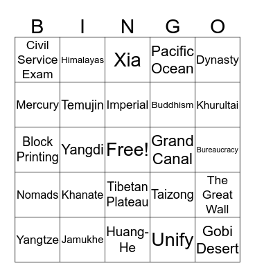 China Bingo Card