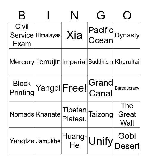 China Bingo Card