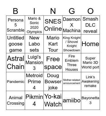 Nintendo E3 2019 Bingo Card