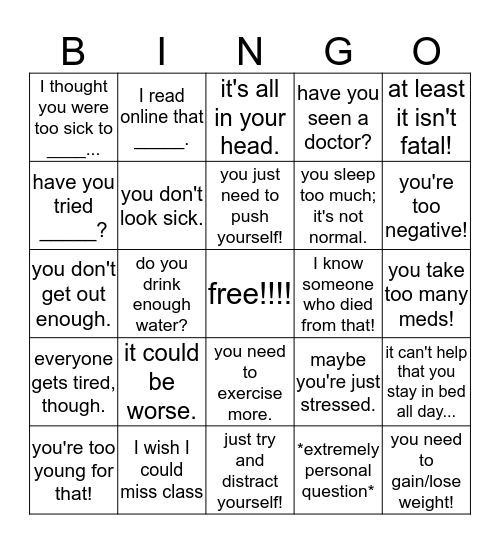 young chronic illness bingo! Bingo Card
