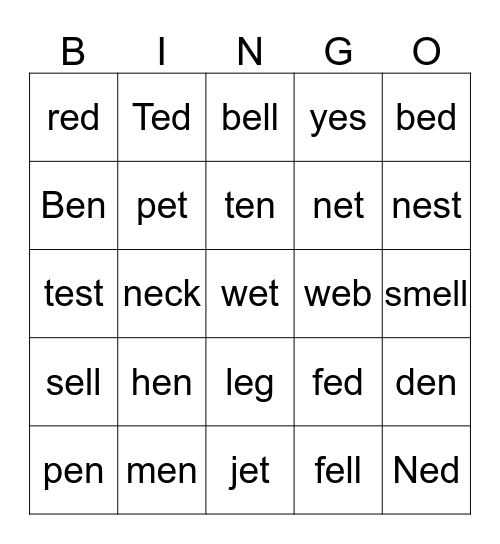 Short 'e' sound Bingo Card