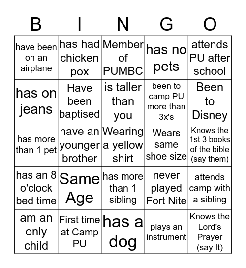 Camp Progressive Bingo Card