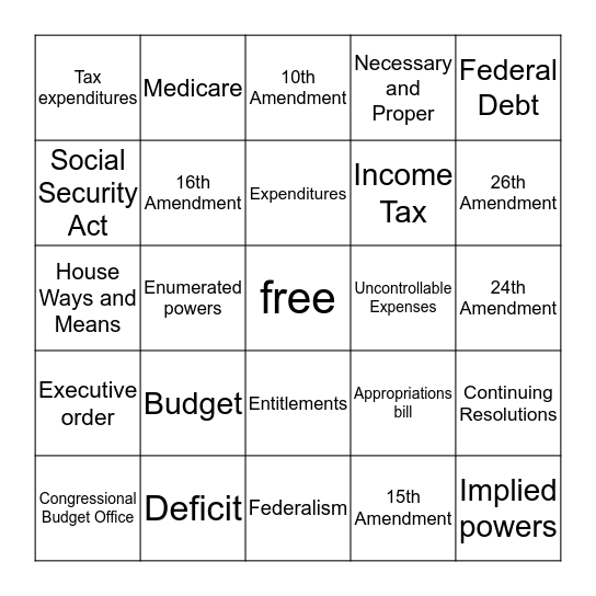CHAPTER 14 - THE FEDERAL BUDGET Bingo Card