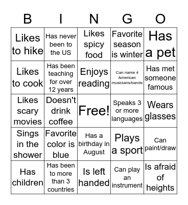 Ice Breaker Bingo Card