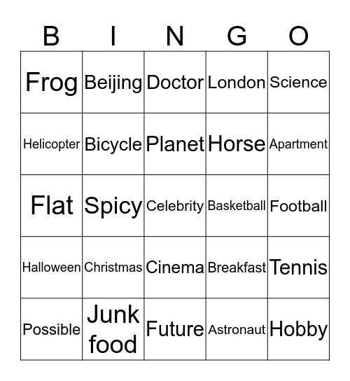 English word bingo Card
