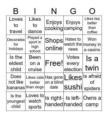 Getting to Know You! Bingo Card