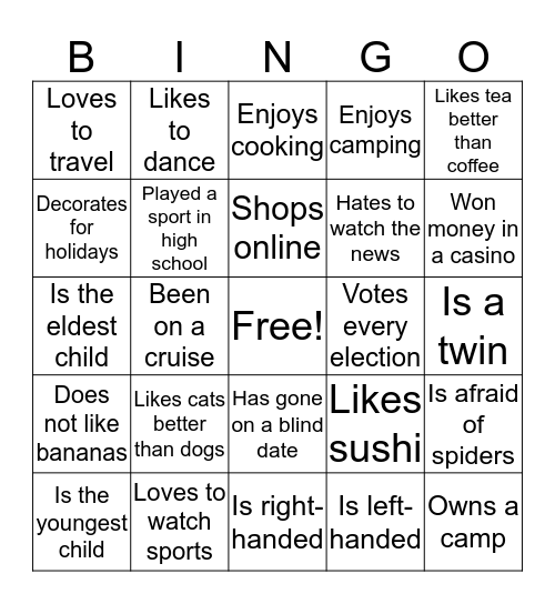 Getting to Know You! Bingo Card