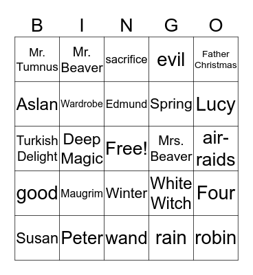 The Lion, the Witch, and the Wardrobe Bingo Card