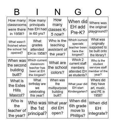 ESTES HILLS  Bingo Card