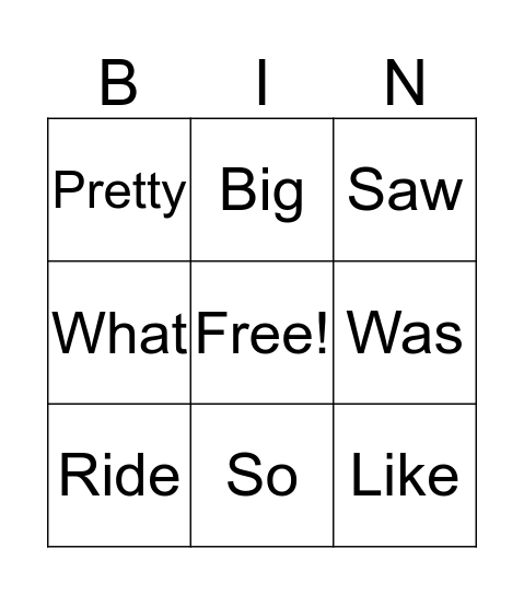 Sight Word Bingo Card