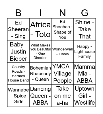 Songs Bingo Card