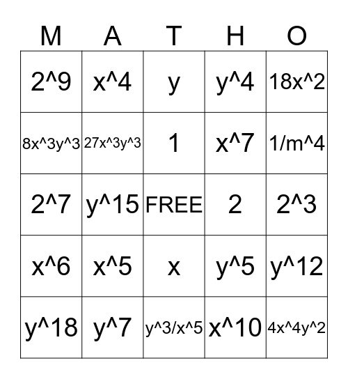 Math Bingo Card