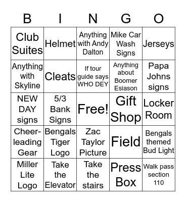 Bengals Stadium Bingo Card