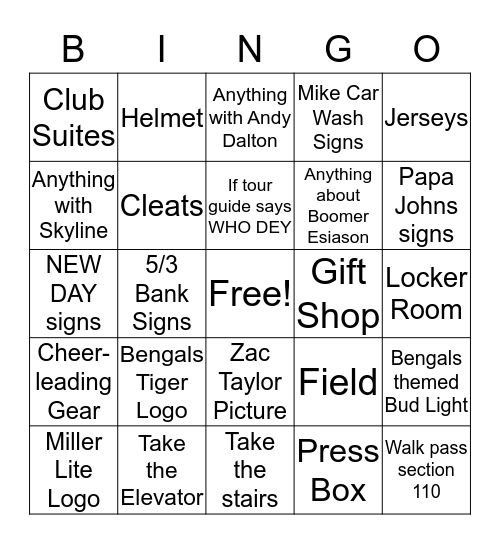 Bengals Stadium Bingo Card