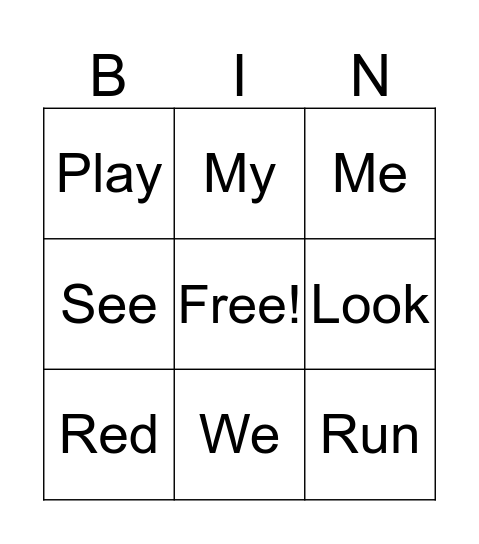 Sight Word Bingo Card