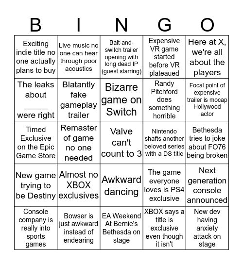 E3 BINGO 2019 Bingo Card