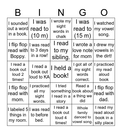 Tatum's Reading Prize Bingo Card