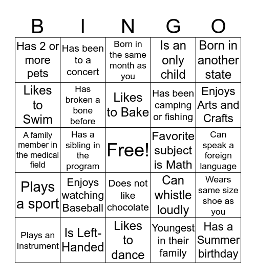 BINGO to Meet You! Bingo Card