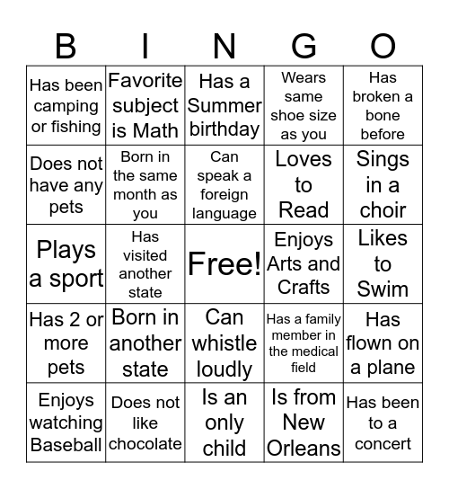 Getting To Know Your COE Classmates BINGO! Bingo Card