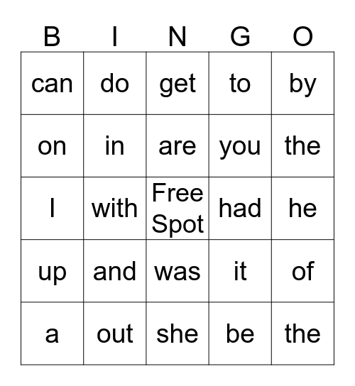 Sight Word Bingo Card