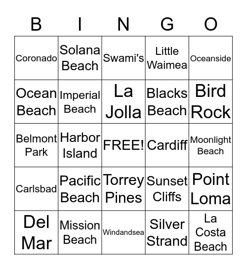 San Diego Beach Bingo Card