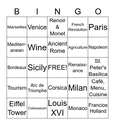 French & Italian BINGO Card