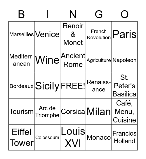 French & Italian BINGO Card