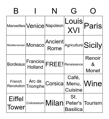 French & Italian BINGO Card