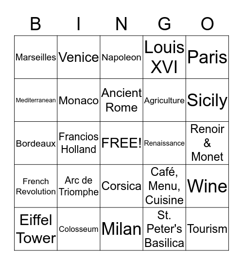 French & Italian BINGO Card