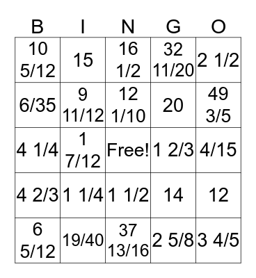 Fraction Operations Bingo Card