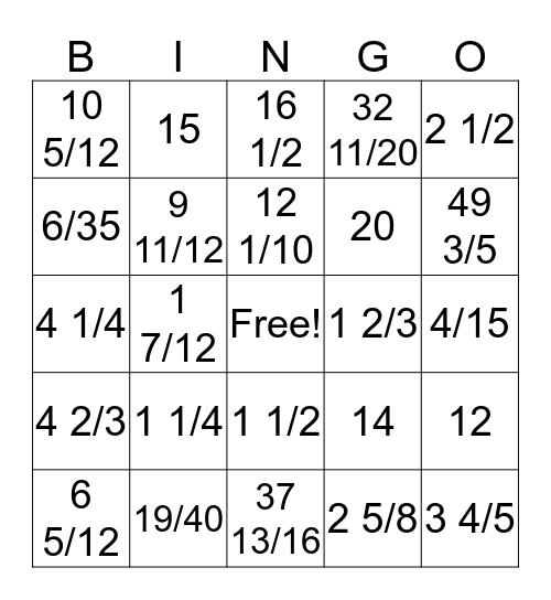 Fraction Operations Bingo Card