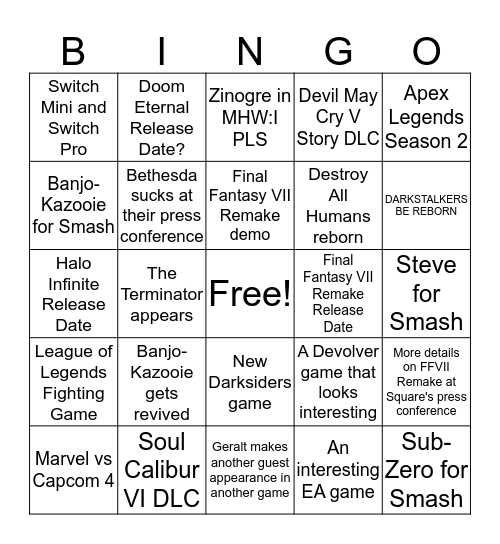 E3 2019 BINGO Card