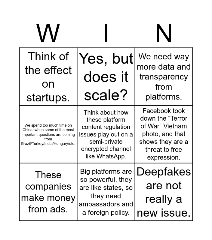 Platform Policy Bingo Card