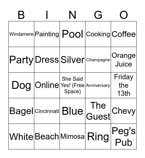 Bridal Shower Bingo! Bingo Card