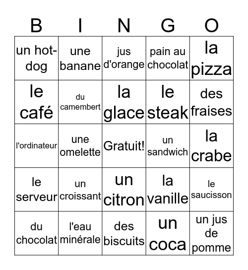 La Nourriture Bingo Card