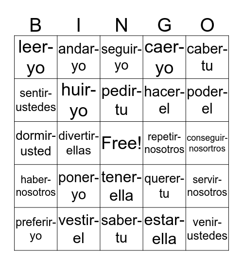 Preterito regulares y irregulares (FUJI) bingo Card