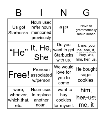 Pronoun Bingo Card