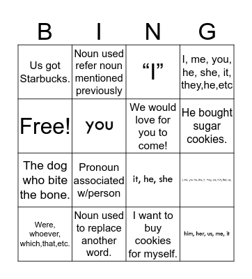 Pronoun Bingo Card