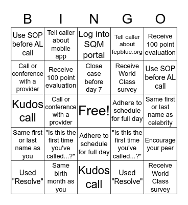 FEP Service Bingo Card