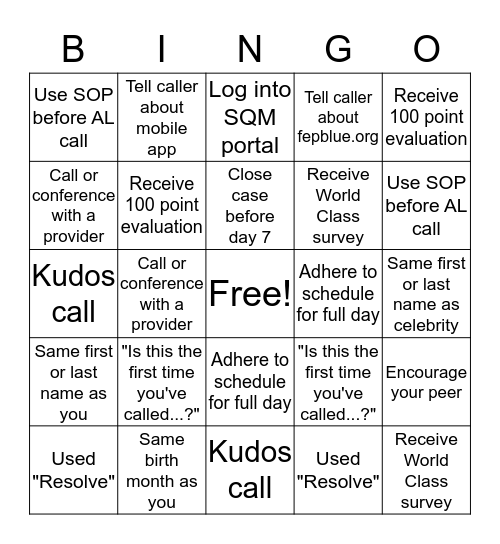 FEP Service Bingo Card