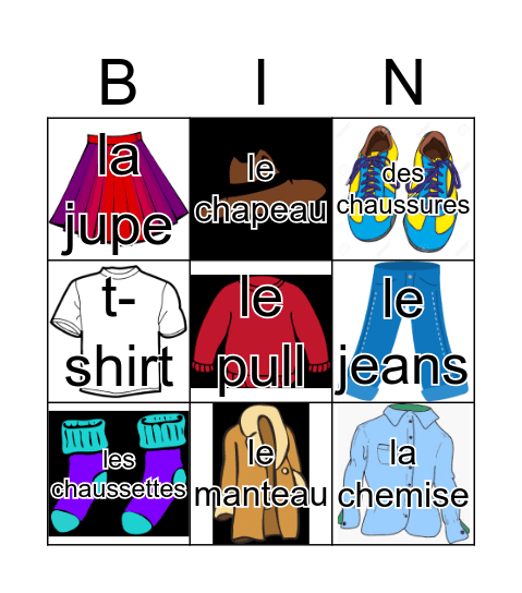 Les vêtements  Bingo Card