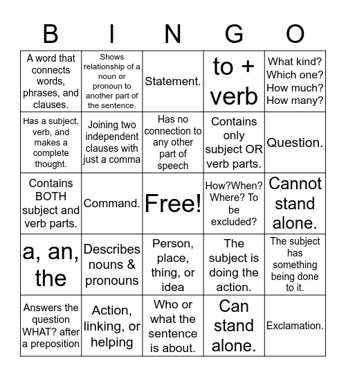 Grammar Bingo Card