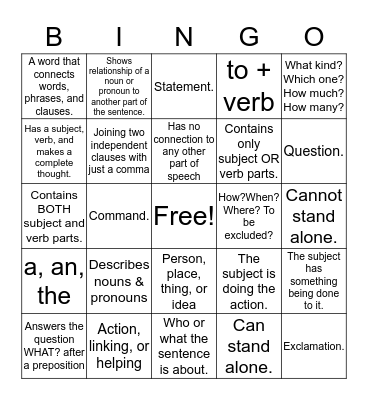 Grammar Bingo Card