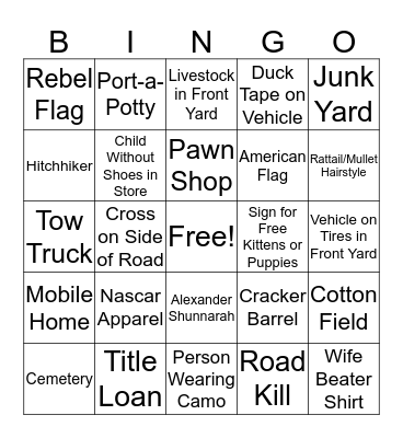 Redneck Bingo Card