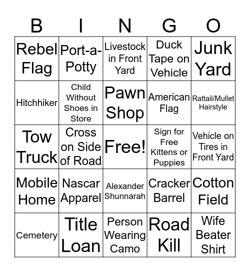 Redneck Bingo Card
