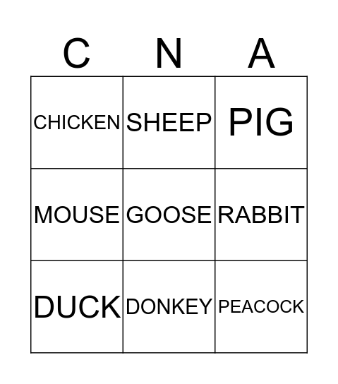 FARM ANIMALS Bingo Card