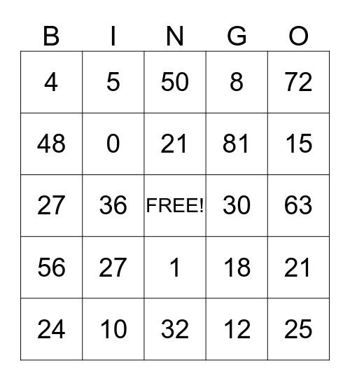 Valentine's Math Bingo Card