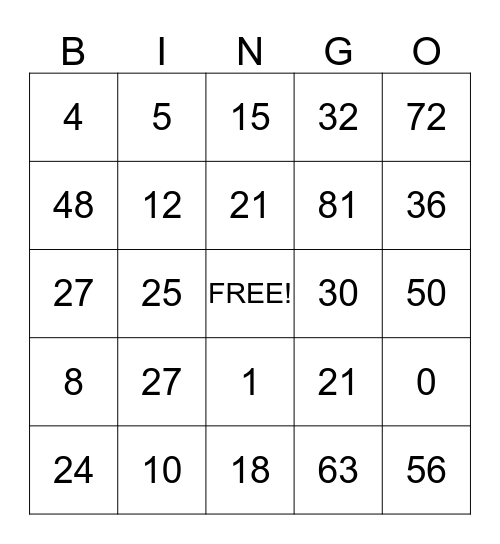 Valentine's Math Bingo Card