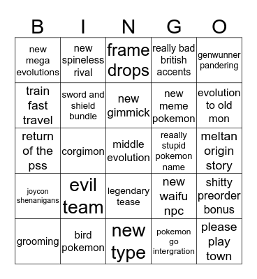 Pokemon Sword and Shield Bingo Card