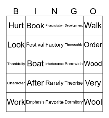 Pronunciation Bingo Card